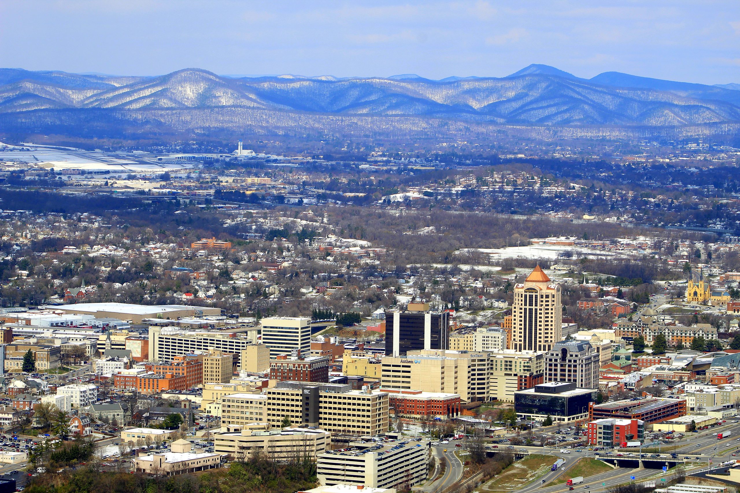 Aerial view of city and mountains