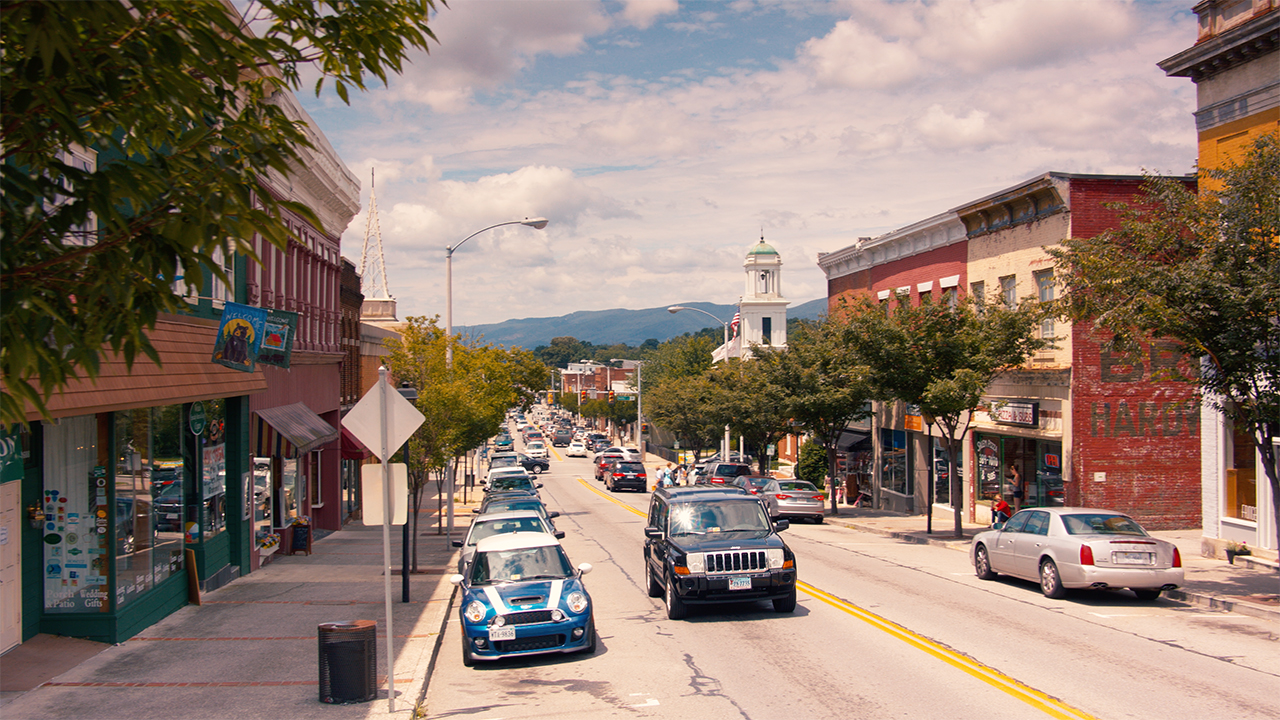 Small town main street with shops